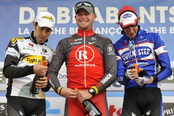 The podium in Brabantse Pijl: Thomas De Gendt, Sebastien Rosseler and Jurgen Vandewalle