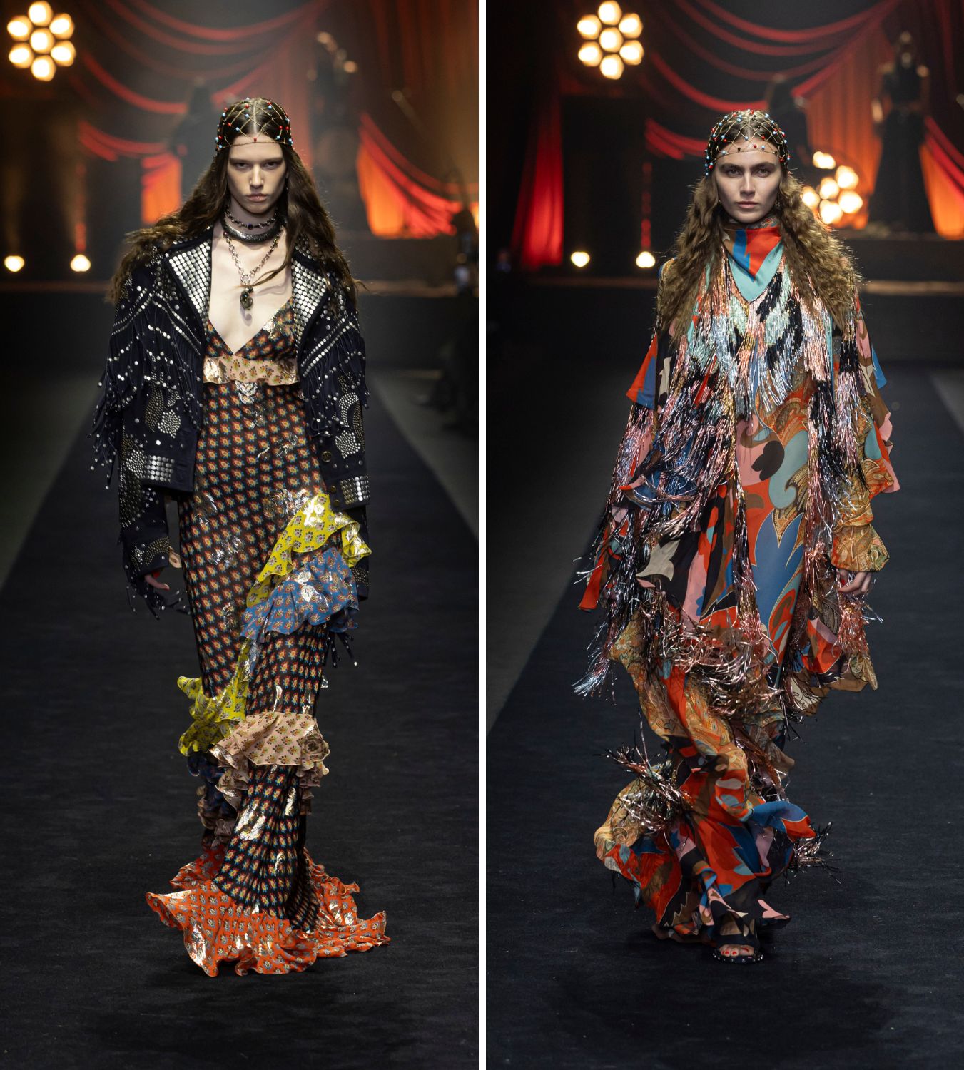 two models wearing dresses in the etro ss26 show