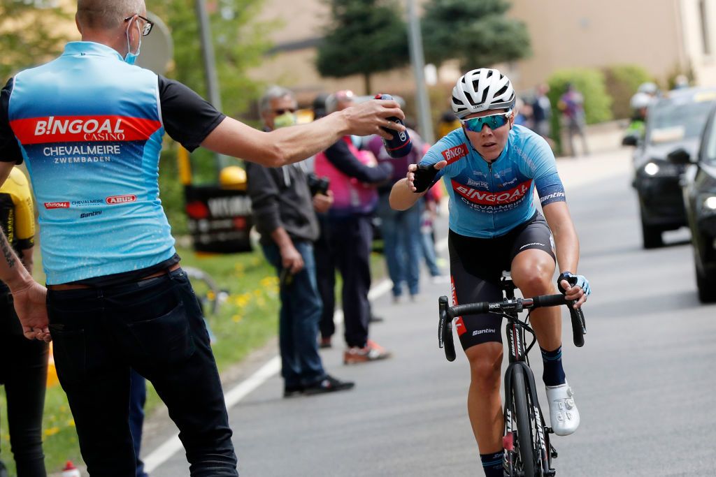 STEINFORT LUXEMBOURG MAY 01 Thalita De Jong of Netherlands and Team Bingoal Casino Chevalmeire on breakaway during the 13th Ceratizit Festival Elsy Jacobs 2021 Stage 1 a 1251km stage from Steinfort to Steinfort 321m Feed Zone Soigneur Feeding Bottle felsy UCIProSeries on May 01 2021 in Steinfort Luxembourg Photo by Bas CzerwinskiGetty Images