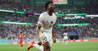 Mohammed Kudus of Ghana celebrates scoring their team's second goal during the FIFA World Cup Qatar 2022 Group H match between Korea Republic and Ghana at Education City Stadium on November 28, 2022 in Al Rayyan, Qatar.