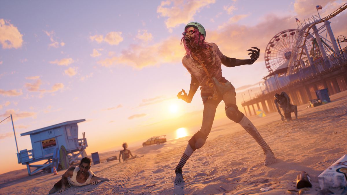 A zombie screaming on the beach at sunset