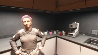 Starfield - the main playable character stands smiling in front of a collection of mugs placed on a counter next to a coffee machine