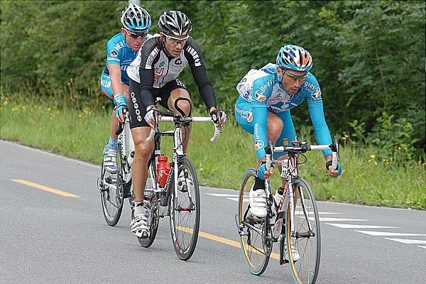 The three-man escape which lasted 160km: Matej Jurco (Milram), Jerome Pineau (Bouygues Telecom) and Jonathan Garcia (BMC)