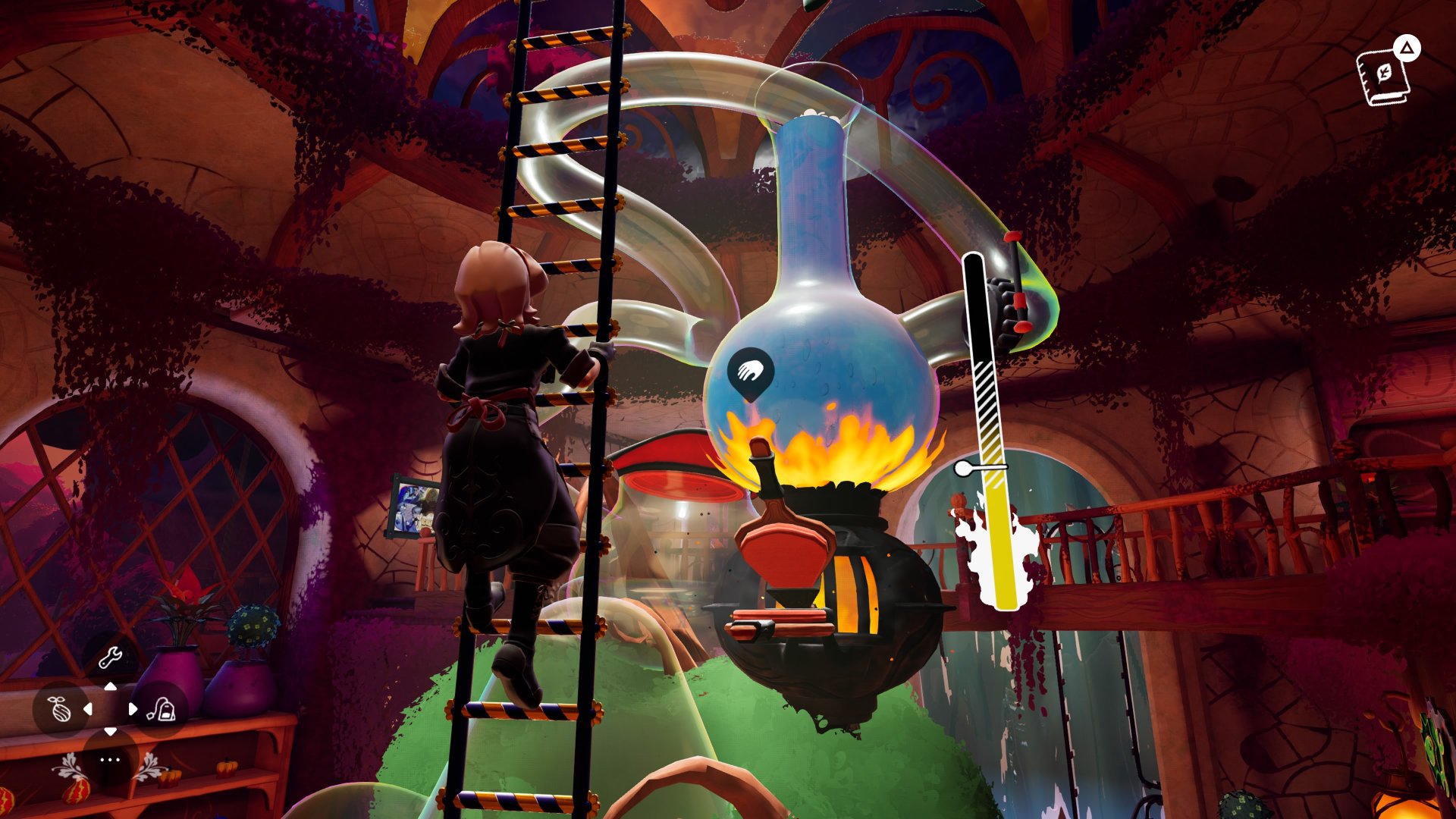 Wanderstop screenshot showing Alta boiling water in a giant beaker-like device from a ladder to brew tea