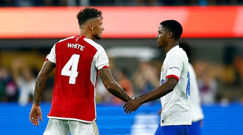 Arsenal&#039;s Ben White shakes hands with Barcelona&#039;s Ansu Fati during a pre-season friendly in the summer of 2023.