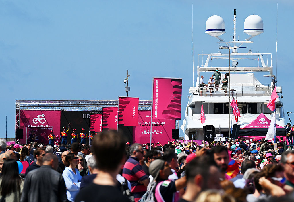 VIAREGGIO MAY 21 A general view of Giulio Ciccone of Italy Daan Hoole of Netherlands Patrick Konrad of Austria Jacopo Mosca of Italy Mads Pedersen of Denmark Mathias Vacek of Czech Republic Carlos Verona of Spain and Team Lidl Trek prior to the 108th Giro dItalia 2025 Stage 11 a 186km stage from Viareggio to Castelnovo ne Monti 715m UCIWT on May 21 2025 in Viareggio Italy Photo by Tim de WaeleGetty Images
