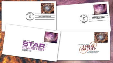 four stamped and postmark envelopes using U.S. Priority Mail stamps featuring James Webb Space Telescopes images of a star cluster and spiral galaxy