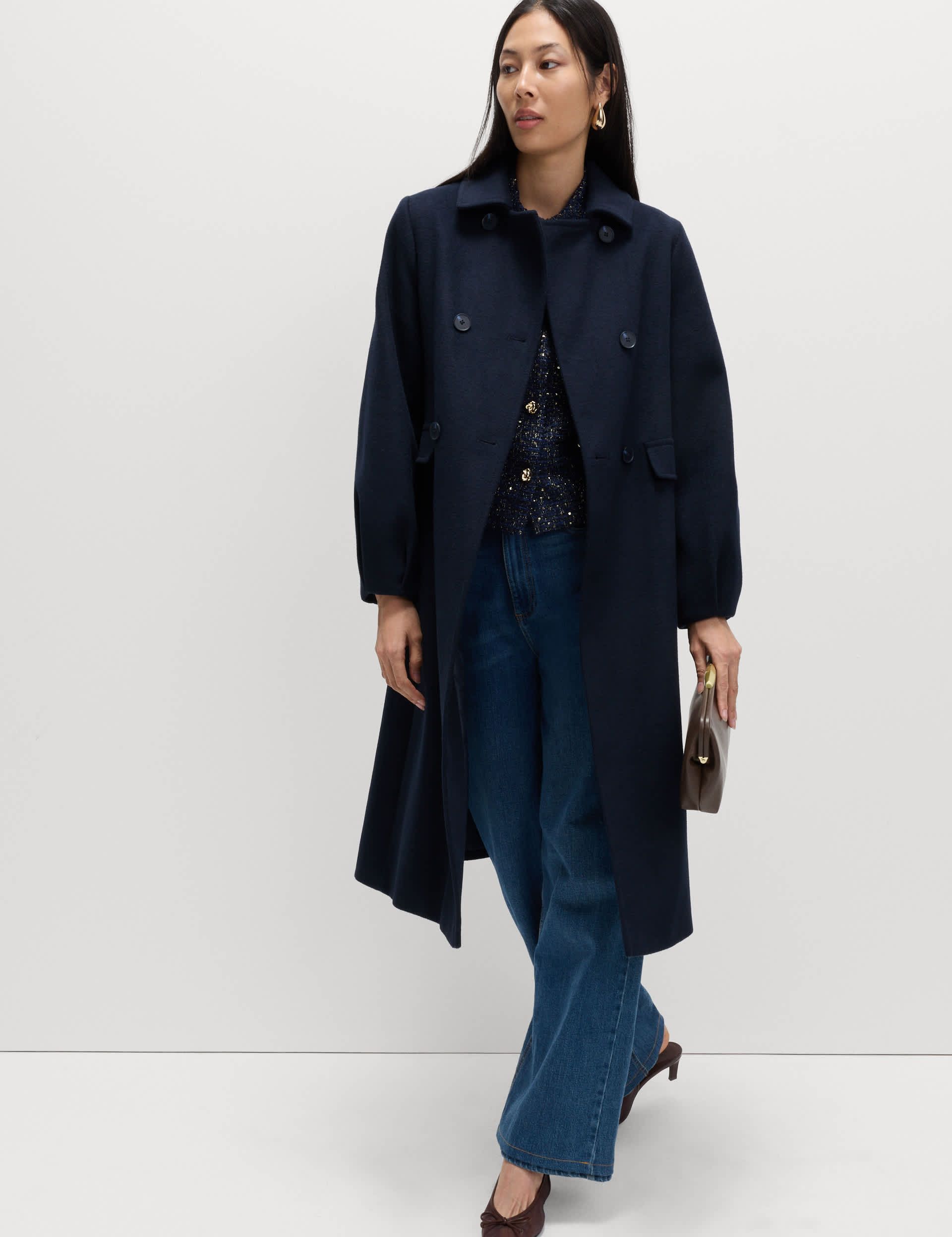Wool Blend Volume Sleeve Double Breasted Midi Coat