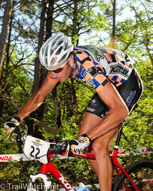 Ryan Trebon (Kona) riding a drop-off.