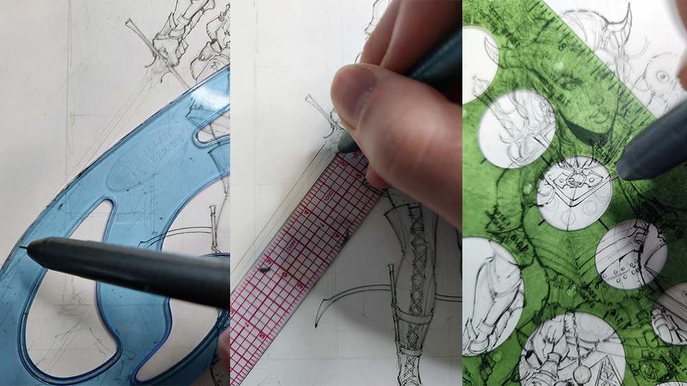 An image from a drawing tutorial on how to draw a fantasy character in pencil showing the artist making a variety of line weights using a French curve, circular template and 6-inch ruler