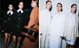 Minimalist tan leather coats, with collars cut at the back of the neck like Brownies scarves, or black thigh-skimming coats layered with wide collared white shirts