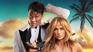 Poster shot for Shotgun Wedding featuring Shotgun Wedding cast members Jennifer Lopez and Josh Duhamel in wedding clothes