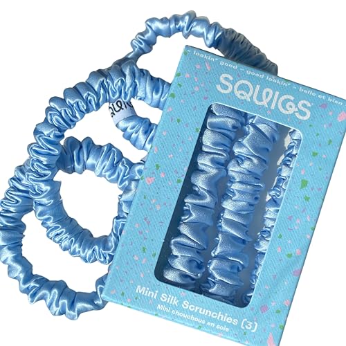 Squigs Mini Scrunchies for Women & Girls – Skinny Silk Hair Ties for Curly Hair – Soft Hold, No Crease, No Tugging – Thin, Gentle Mini Scrunchies for Ponytails, Braids, Buns & Daily Use – 3-Pack