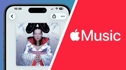 The Apple Music logo next to a smartphone with Bjork's Homogenic 
