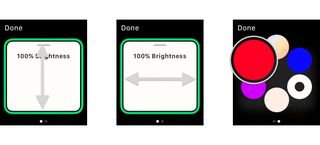 How to control HomeKit lighting in the Home app on the Apple Watch by showing steps: Scroll up or down to adjust brightness, Scroll left or right to access color controls, Tap desired color.