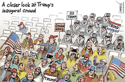 Political cartoon U.S. Trump inauguration crowd Russia investigation