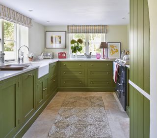 A green kitchen with striped blinds designed by Vanrenen GW Designs