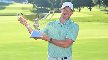 Rory McIlroy with the FedEx Cup trophy after the 2022 Tour Championship at East Lake
