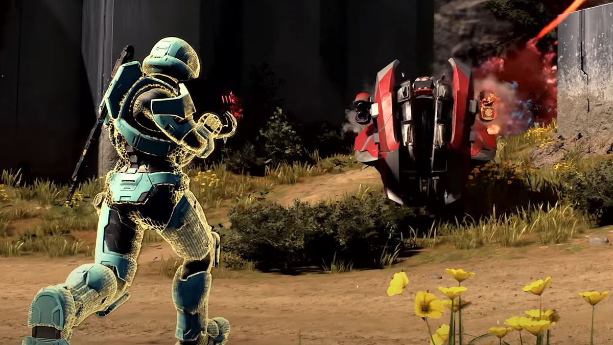 A halo soldier shoots at a big red alien motorcycle