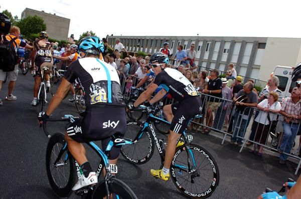 Team Sky's Davide Vigano and Edvald Boasson Hagen after the stage finish.