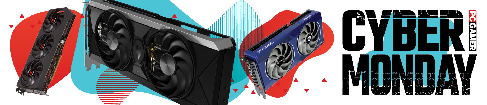 A collage of three different graphics cards against a colourful background, with a large Cyber Monday and small PC Gamer set of logos on the right of the image.