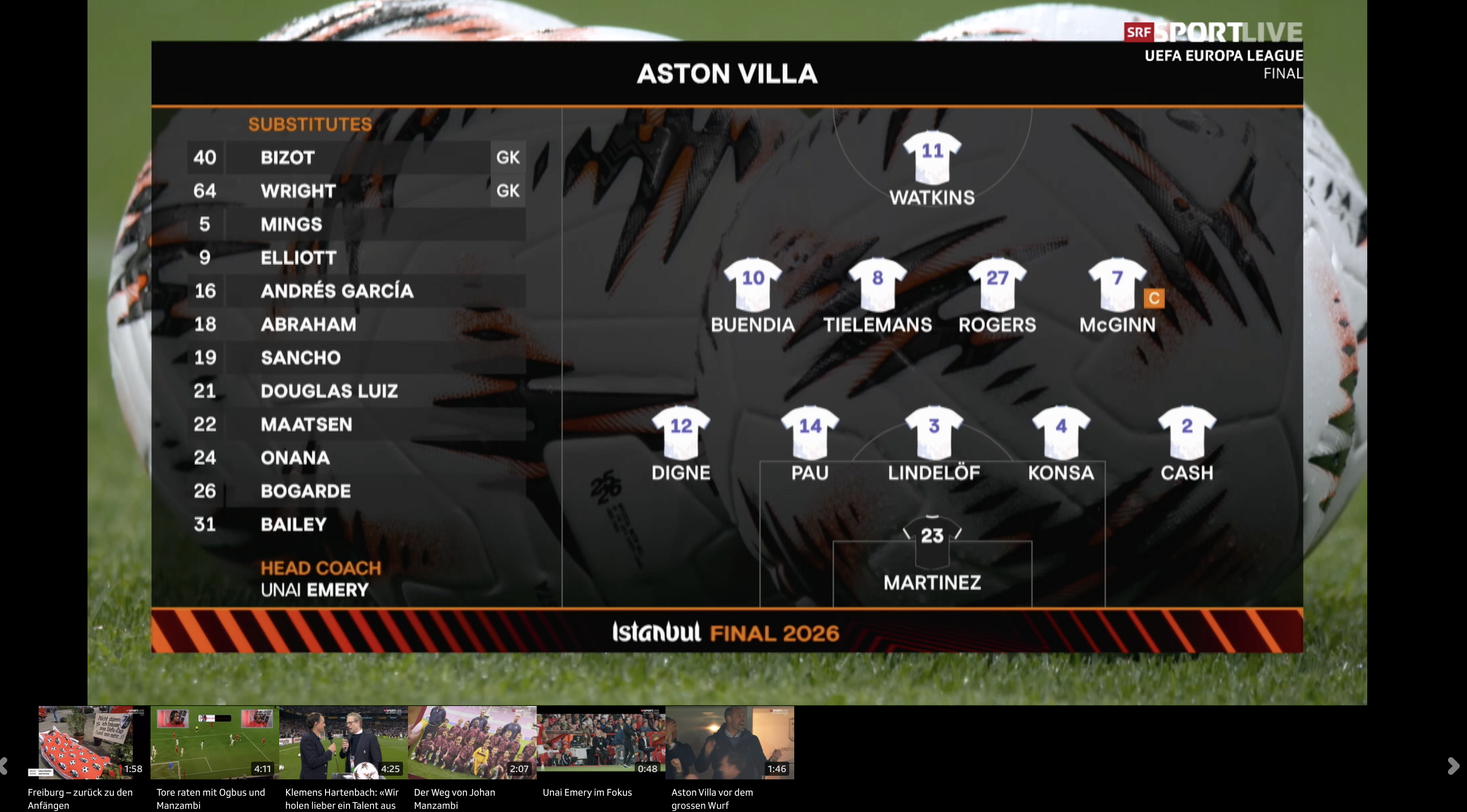 Europa League Final 2026 screenshot of Aston Villa XI on the free Europa League Final live stream on SRF