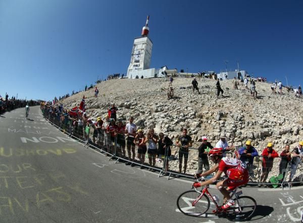 A Cofidis rider makes his way towards the observatory atop Mont Ventoux