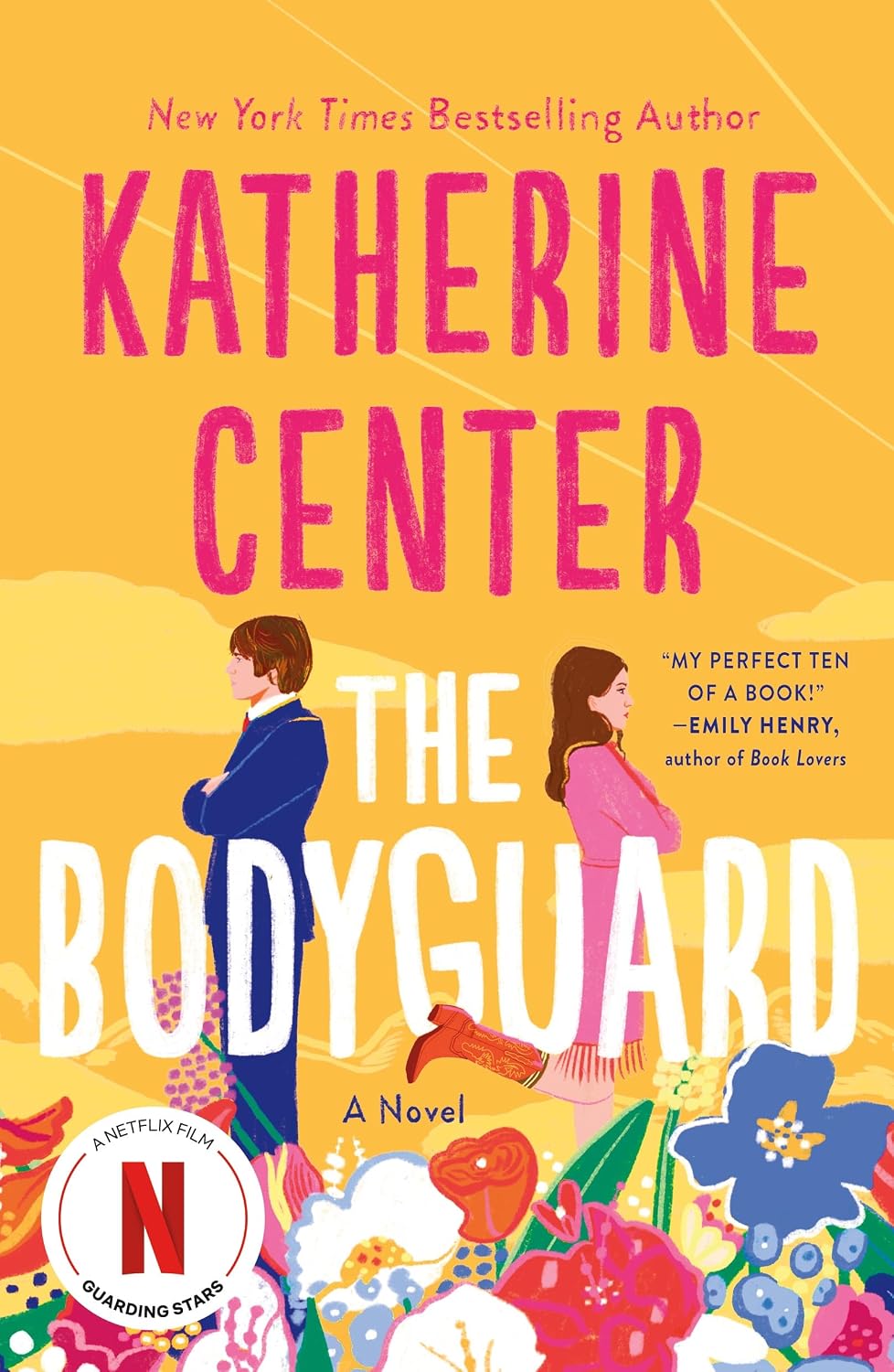 The cover of Katherine Center's The Bodyguard - a man and woman with their backs to one another set in front of an orange and yellow background.