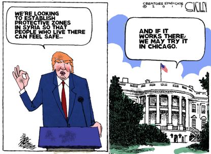 Political Cartoon U.S. Donald Trump protective zones Syria Chicago