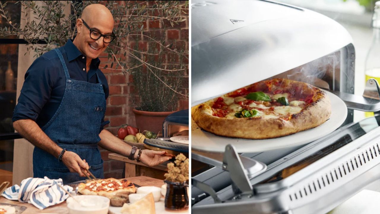 Stanley Tucci cooking pizza and the GreenPan pizza oven