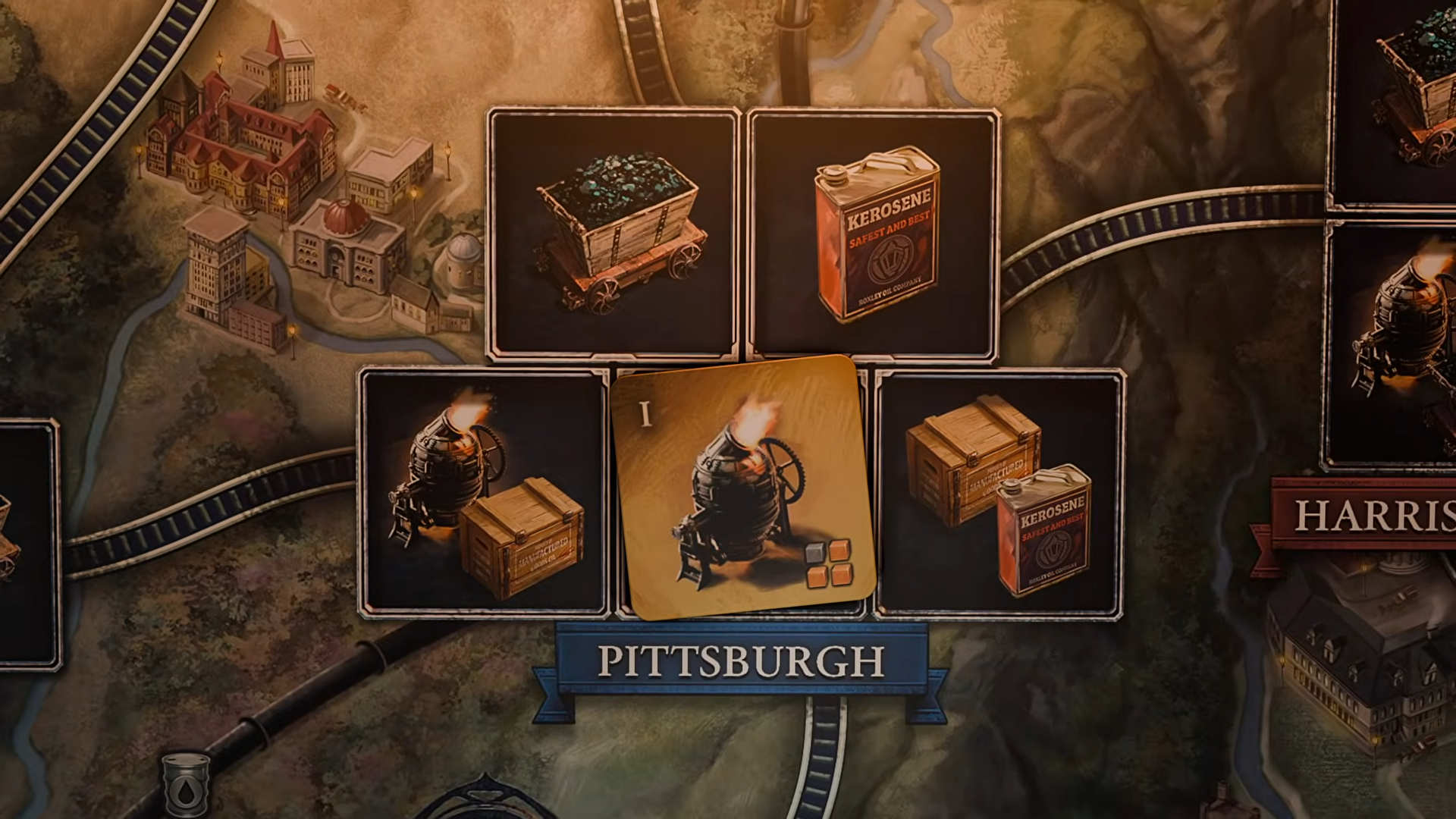Brass: Pittsburgh icons for trade and industry on a board strewn with railway tracks