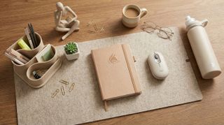 A notebook, mouse, and desk accessories in a beige-themed home office