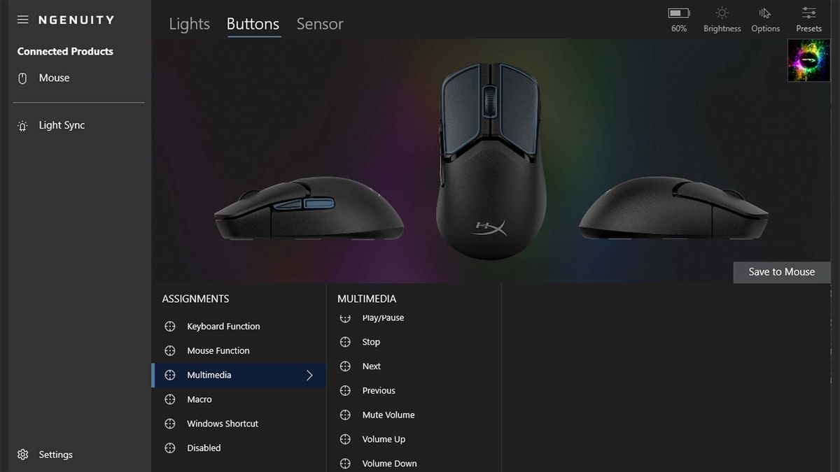 The NGENUITY app's Buttons menu, allowing customization for the HyperX Pulsefire Saga Pro's buttons.
