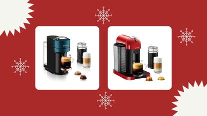 Two of the best Nespresso Black Friday deals of 2021 shown on a festive red background