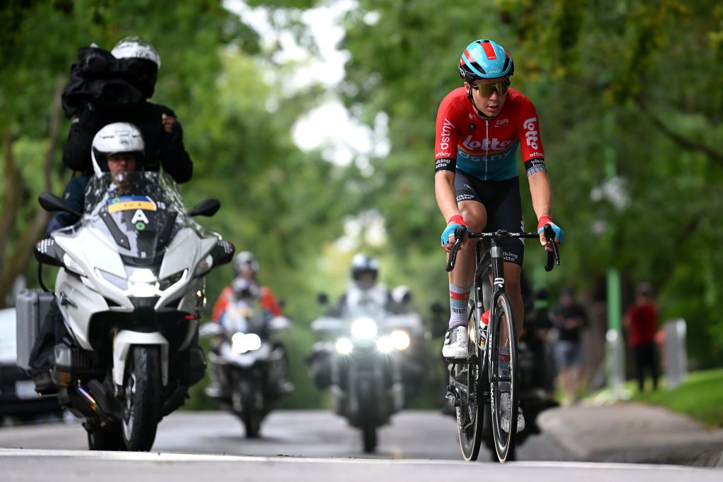 MONTREAL QUEBEC SEPTEMBER 10 Florian Vermeersch of Belgium and Team Lotto Dstny competes in the breakaway during to the 12th Grand Prix Cycliste de Montreal 2023 a 2214km one day race from Montreal to Montreal UCIWT on September 10 2023 in Montreal Quebec Photo by Dario BelingheriGetty Images
