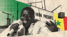 Photo collage of Akon wearing a fur, smiling brightly with a microphone, on a background of construction work.