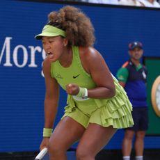 Naomi Osaka celebrates winning a point against Latvia's Jelena Ostapenko during their women's singles first round match on day two of the US Open tennis tournament at the USTA Billie Jean King National Tennis Center in New York City, on August 27, 2024.