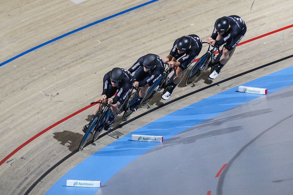 Campbell Stewart,Regan Gough,Dylan Kennett,Nicholas Kergozou (NZL) of Men`s team Pursuit squad take part in the qualifying round of the UCI Track Cycling World Championships