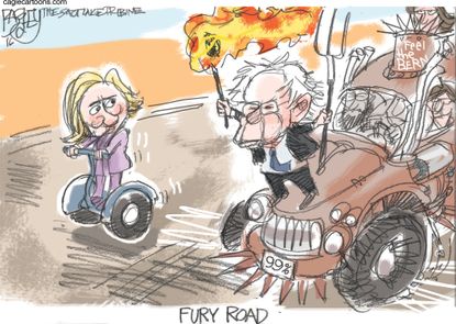 Political cartoon U.S. Entertainment Mad Max Bernie Sanders