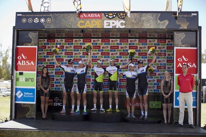 Stage podium (left to right) Urs Huber, Karl Platt of Bulls 1 (2nd) , Jose Hermida and Rudi van Houts of Multivan Merida Racing (1st) &amp; Tim Boehme and Thomas Dietsch of Bulls 2 (3rd)