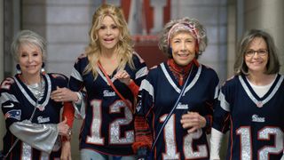 (L to R) Rita Moreno, Jane Fonda, Lily Tomlin and Sally Field wearing Tom Brady jerseys in 80 For Brady