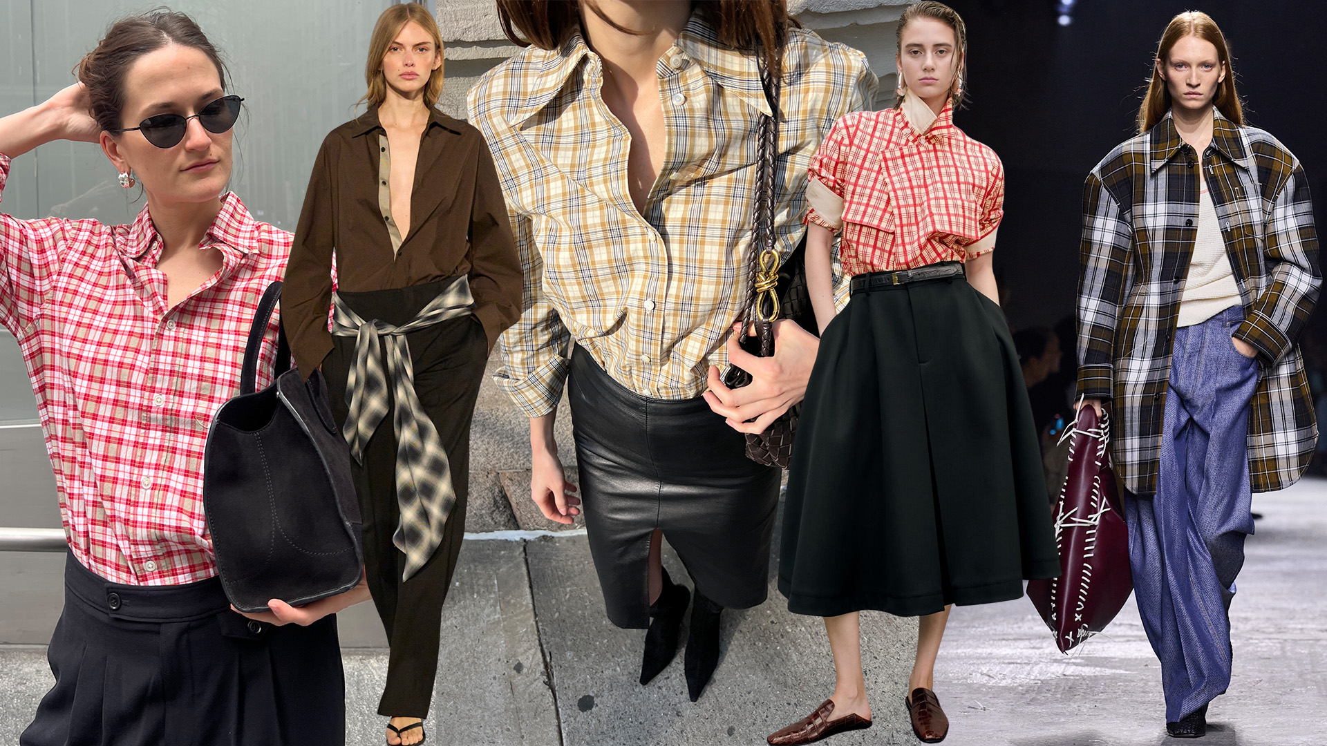 A collage of runway, lookbook, and street style photos showing how to wear plaid in 2025.
