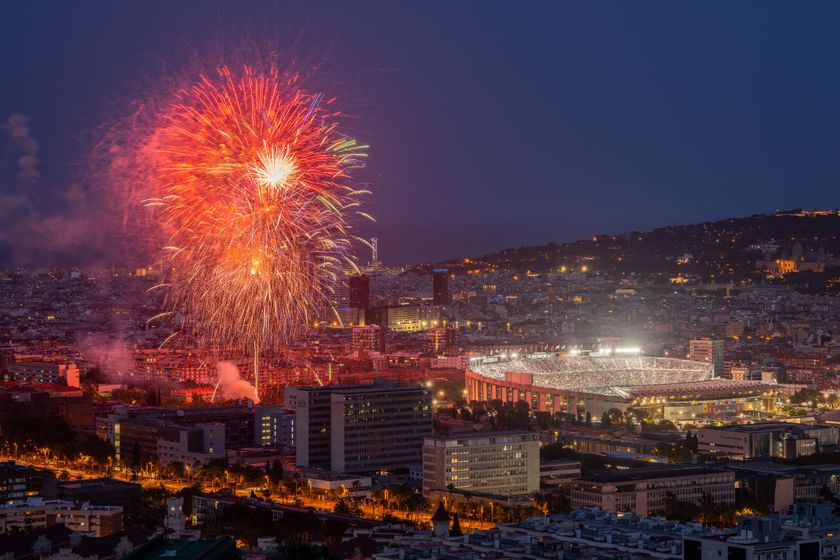 Fireworks light up the London skyline over the Spotify Camp Nou during the farewell after the last match at the stadium ahead of the remodelling works at the end of the LaLiga Santander match between FC Barcelona and RCD Mallorca at Spotify Camp Nou on May 28, 2023 in Barcelona, Spain.