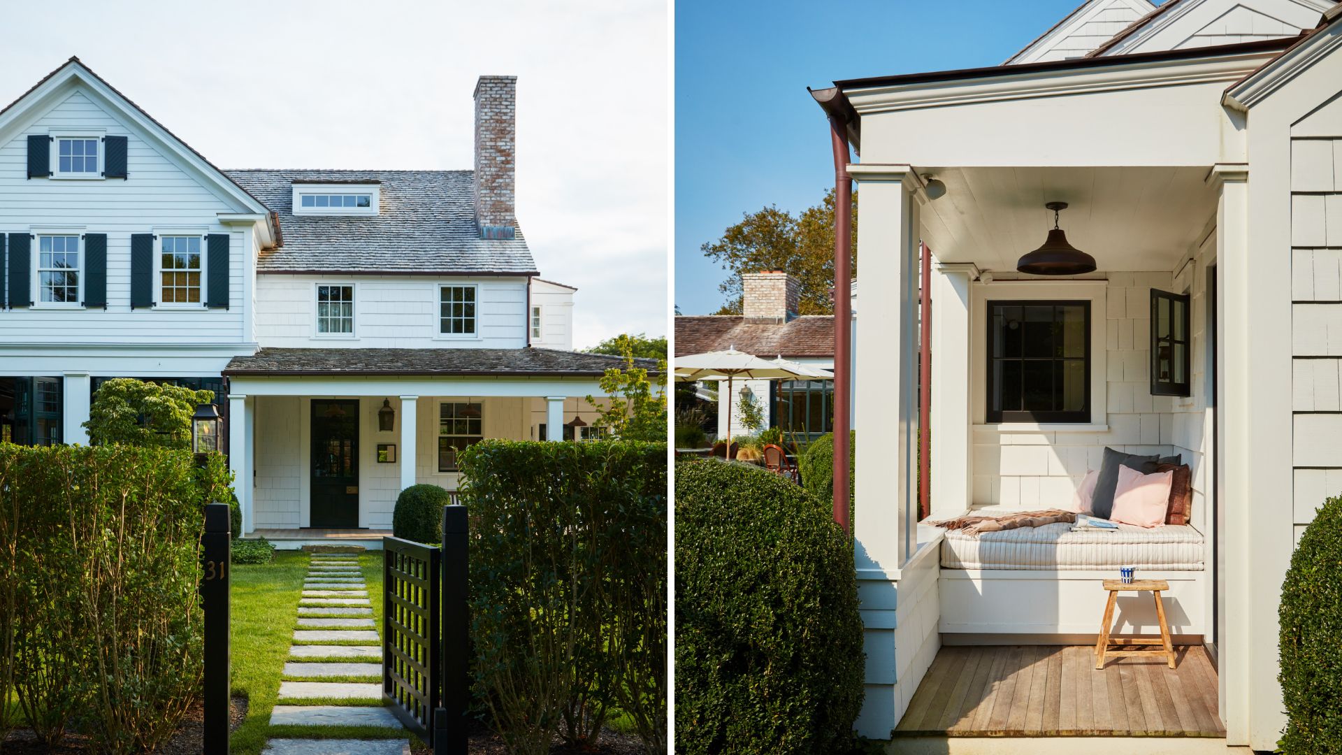 Two images of Bryan Graybill&#039;s Hamptons home from the front with a gate and of the veranda and seating area