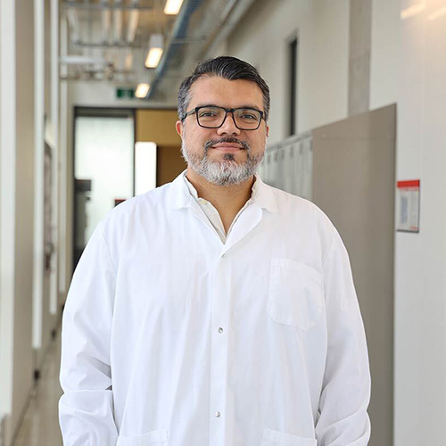 A man wearing a white shirt with a gray beard looks at the camera.