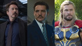 Pedro Pascal pictured in thought in The Fantastic Four: First Steps, between Robert Downey Jr. in The Avengers and Chris Hemsworth in Thor: Love and Thunder.
