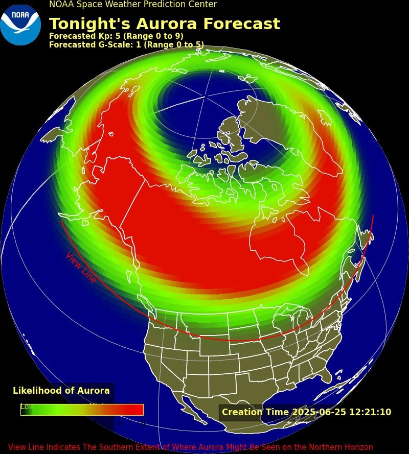 A forecast map of auroras over North America with a view line extending into the contiguous U.S.