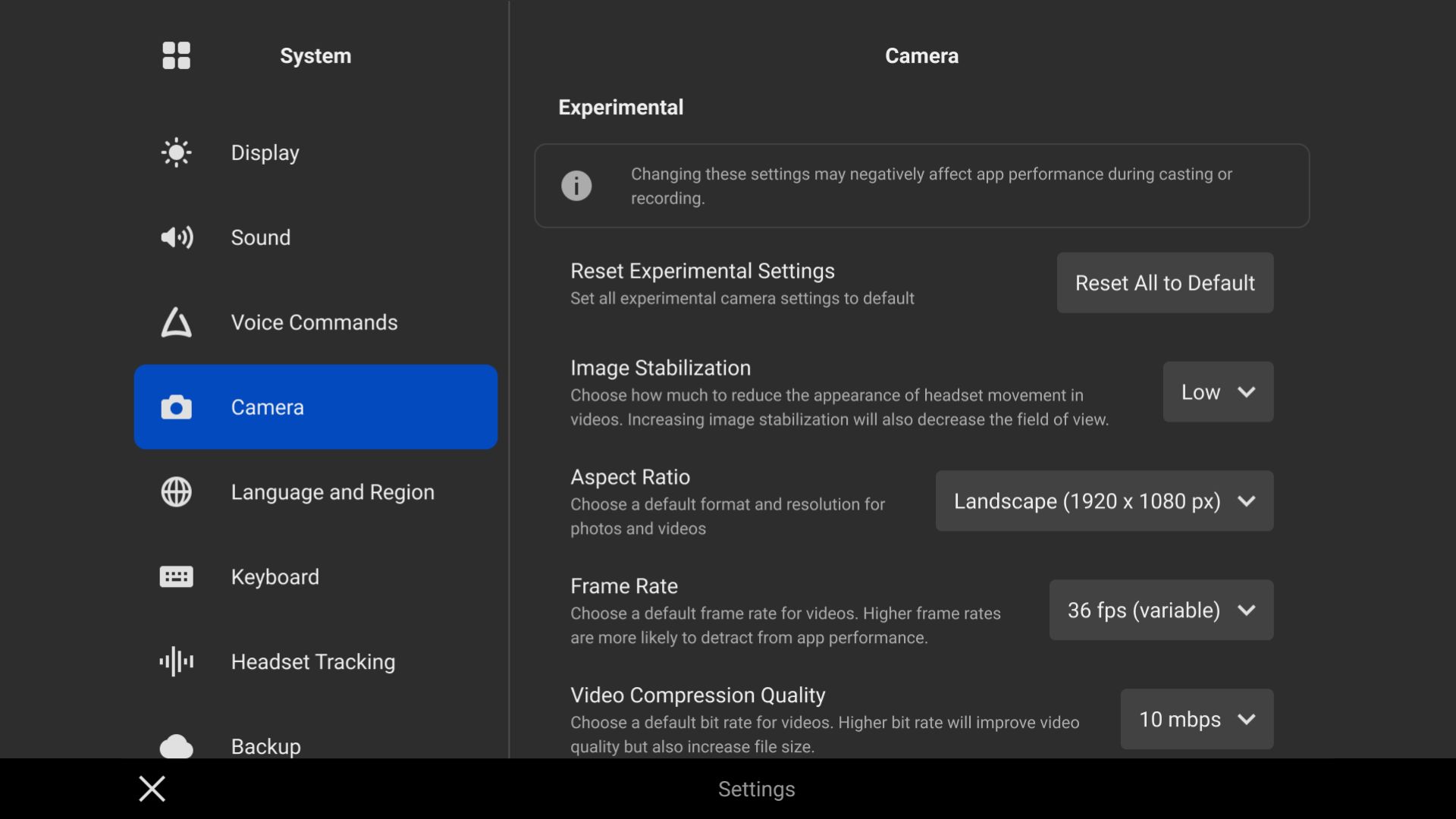 Página de configuración avanzada de la cámara de Oculus Quest 2