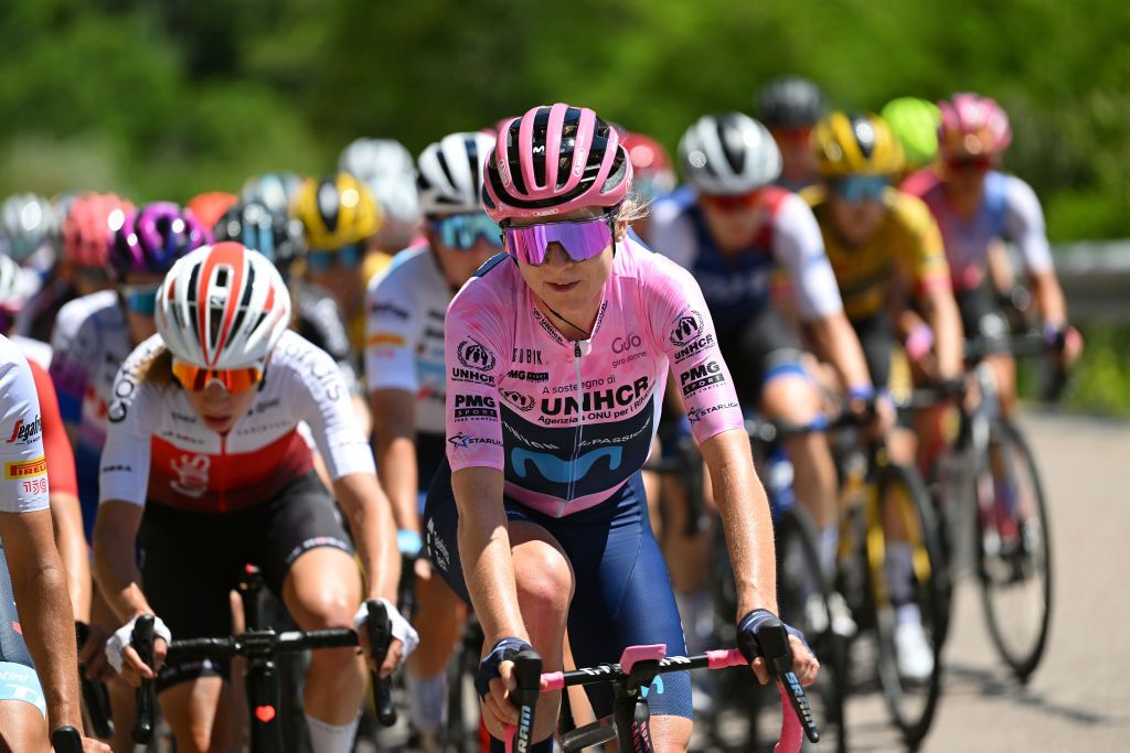 Annemiek van Vleuten (Movistar) in the pink jersey of the race leader at the 2022 Giro d&#039;Italia Donne on stage 8