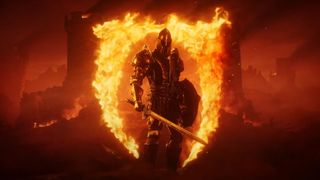 Oblivion Remastered - a character in armor stands in front of a flaming Oblivion gate symbol